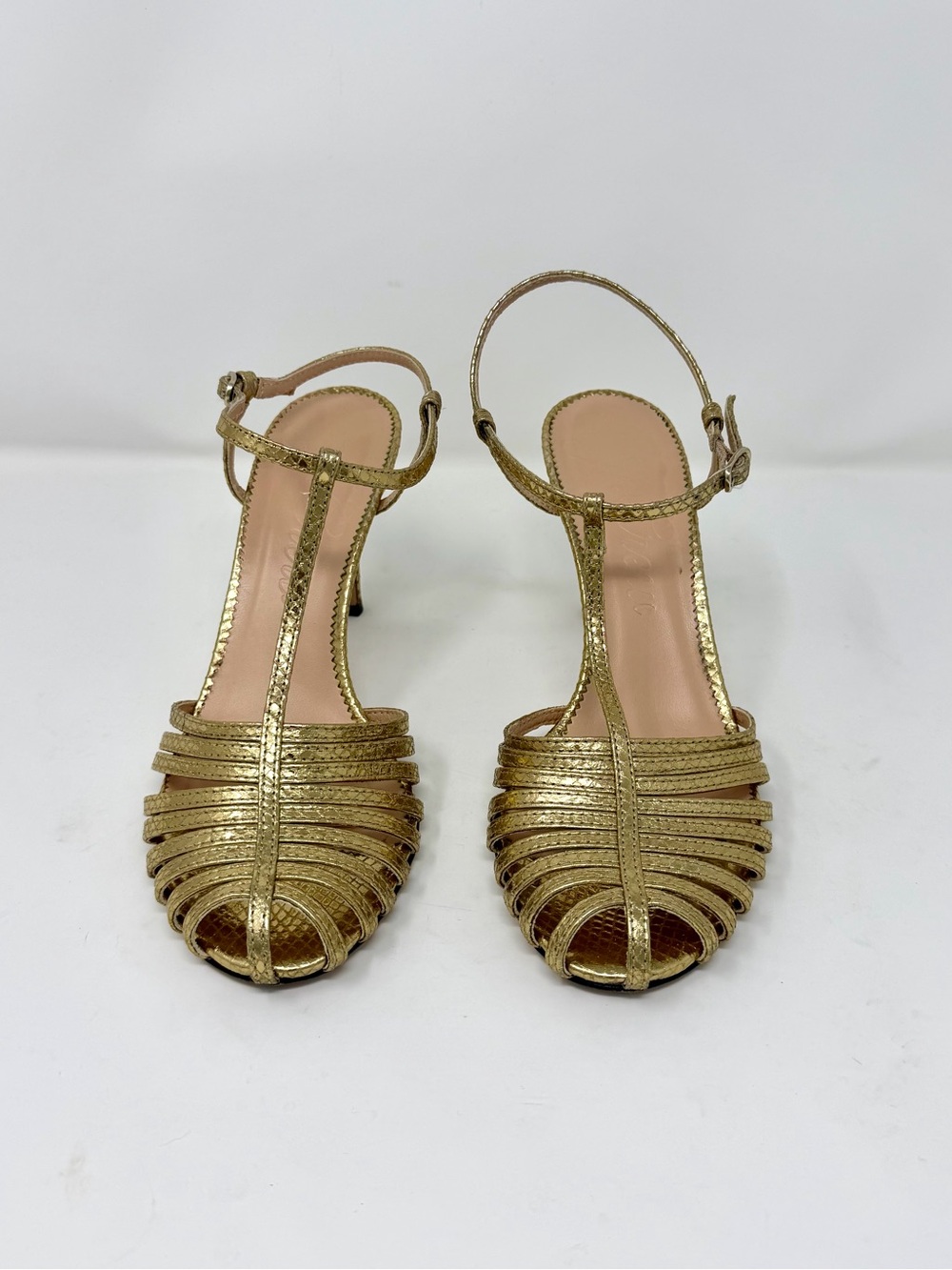 J. Crew Metallic Gold Strappy T‑Bar Heels Italian Leather